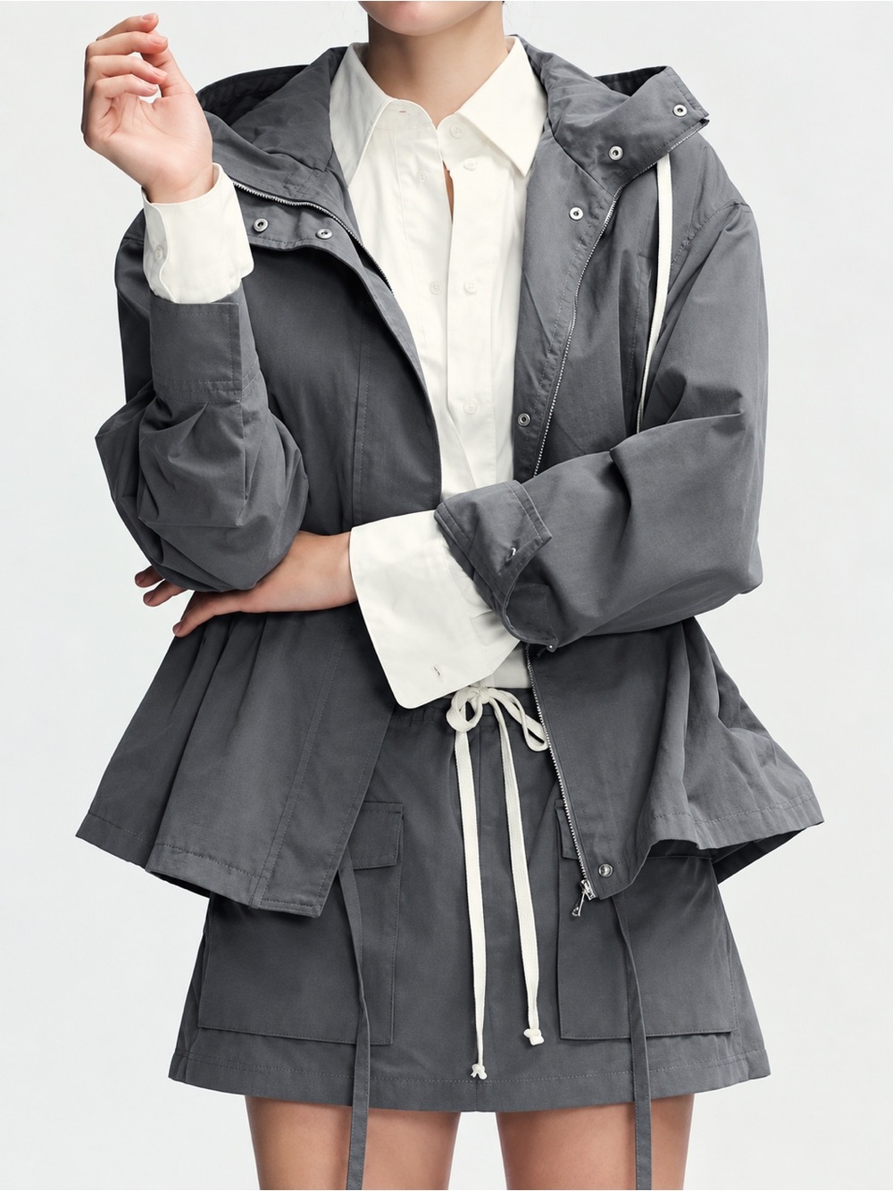Zara Gray Hooded Drawstring Waist Utility Jacket
